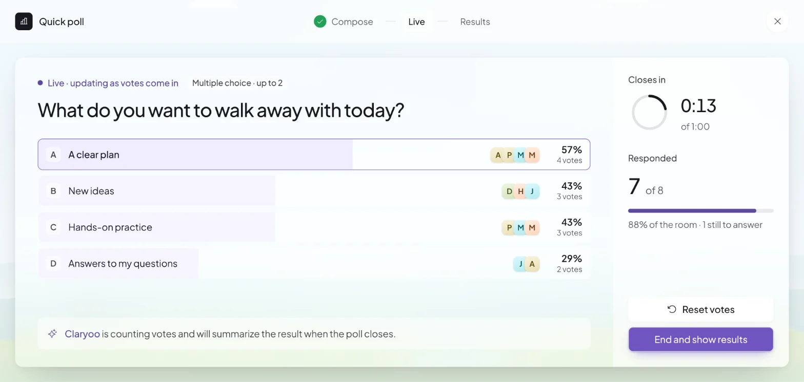 A live Claryoo poll: 7 of 8 people answered, results filling in