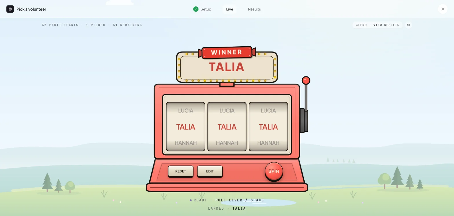 Claryoo's pick-a-volunteer slot machine landing on the name Talia
